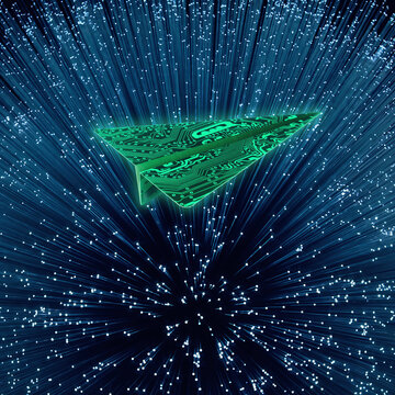 Paper plane flies through a digital space filled with glowing lines and dots in a dark background