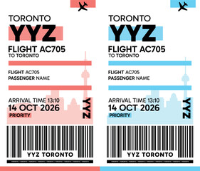 Naklejka premium YYZ, Toronto, Canada luggage label, boarding pass template. Vector minimalist illustration with airport code, city destination, flight info. Flat, modern image layout