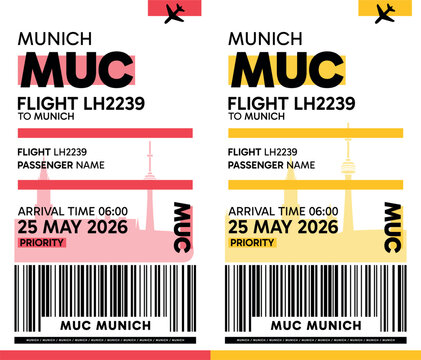 MUC, Munich, Germany luggage label, boarding pass template. Vector minimalist illustration with airport code, city destination, flight info. Flat, modern image layout
