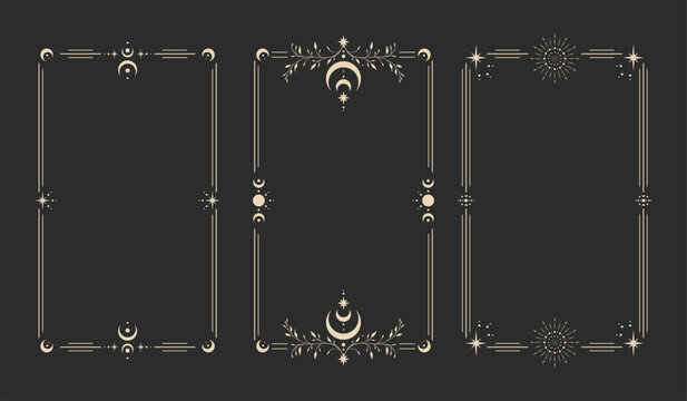 Esoteric frame, mystical linear decoration with dots, moon, stars corners isolated on black background. Vector illustration. 