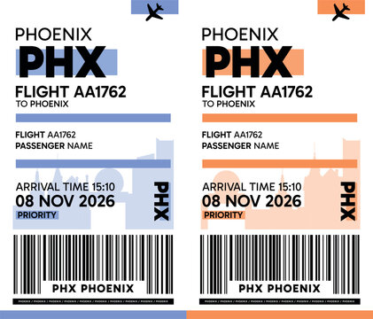PHX, Phoenix, USA luggage label, boarding pass template. Vector minimalist illustration with airport code, city destination, flight info. Flat, modern image layout
