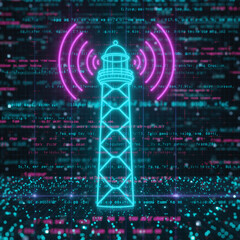 Fototapeta premium Neon lighthouse with signal waves and digital data at night in a virtual space