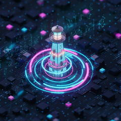 Digital lighthouse stands in a sea of technology with glowing lights and data patterns