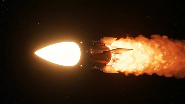 A rocket blasts off into night sky with intense flames and fire