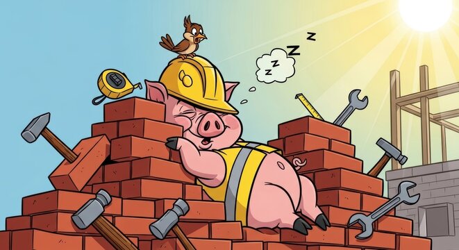 Cute cartoon pig construction worker sleeping on a pile of bricks with tools, wearing a yellow hard hat and safety vest under a bright sunny sky, with a small bird perched on its head