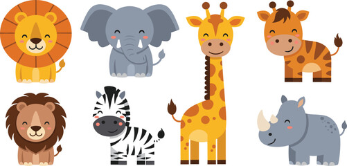 Cute Safari Jungle Animals Cartoon Set with Lion Elephant Giraffe Zebra Rhino and Horse Characters for Kids Education Nursery Prints and Vector Illustration Design © Nazrul