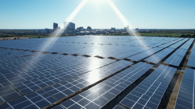 Aerial View Of Solar Panels Reflecting Bright Sunlight Towards City Sk