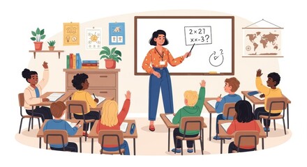 Fototapeta premium Diverse elementary school students raising hands in a classroom with a female teacher explaining math on a whiteboard, illustrating education and learning concept