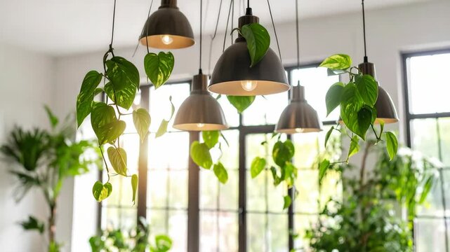 Modern black and metal pendant lights with green pothos plants hanging in a bright interior with large windows and sunlight