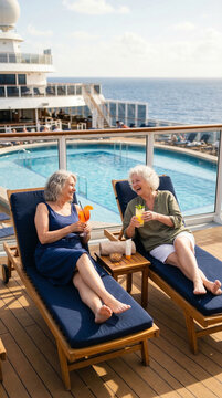 Senior girlfriends enjoying a cruise: relaxing by the pool on sun loungers with cocktails