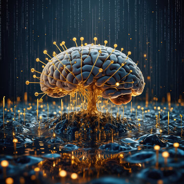 Complex brain structure with glowing connections displayed in a digital environment on a dark background