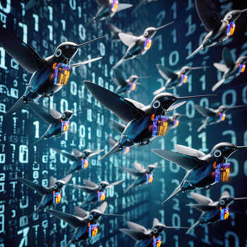 Drones shaped like birds fly through a digital world filled with binary code and light