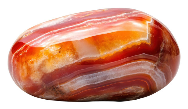 Smooth polished carnelian agate stone showing vibrant layers of red and orange color isolated on white or transparent background. PNG die-cut for advertising