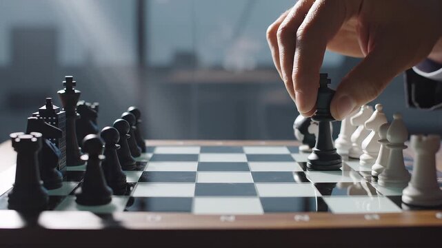 Cinematic close-up of a chessboard representing business strategy, a hand slowly moving the king piece forward while dramatic light shines from above. The board reflects a modern corporate environment