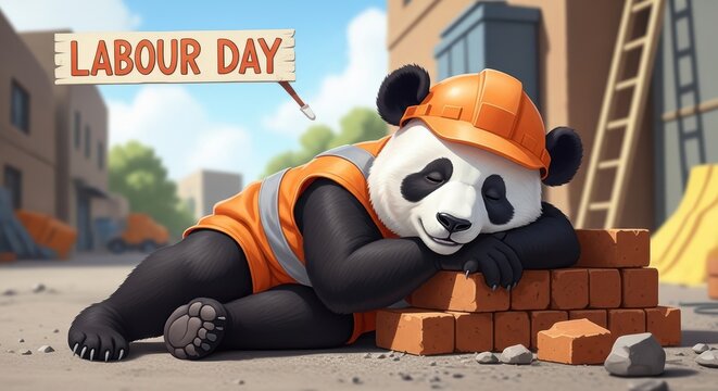 Cute sleeping panda wearing orange construction hard hat and safety vest on Labour Day, resting on a stack of bricks at a building site isolated PNG with Transparent Background