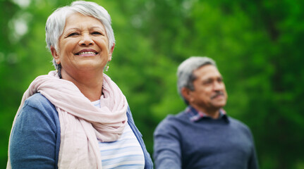 Smile, old woman or couple in park with holding hands, healthy relationship or bonding on weekend break. Bokeh, portrait or senior people with space, connection or romantic moment on retirement date.