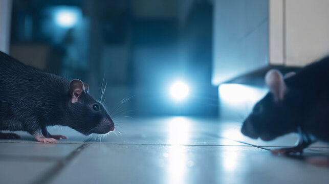 Two black rats encountering on a tiled floor in a dark, dramatic room. Concept of urban pests and nocturnal confrontation