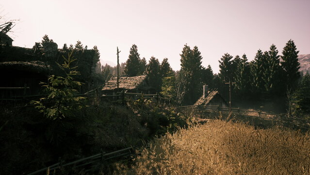 Quiet village beneath green pines, Serene settlement surrounded by ancient trees, Hidden hamlet with shaded rooftops and mysterious decay signs