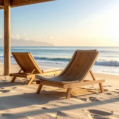 Fototapeta premium Two empty wooden lounge chairs on a sandy beach with the ocean and sky in the background, bathed in warm sunlight.