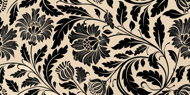 Intricate black floral pattern on a cream colored background