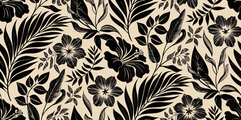 Black and white tropical floral pattern with hibiscus and palm leaves © Shahabuddin