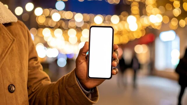 Person holding smartphone with blank white screen mockup on night city street with golden bokeh lights