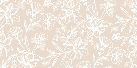 Fototapeta premium Delicate floral pattern featuring white line art on a beige background