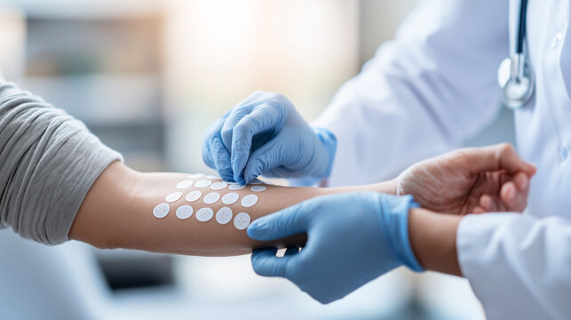 Healthcare professional applying multiple adhesive patches to a patient's arm during a skin allergy test in a medical clinic