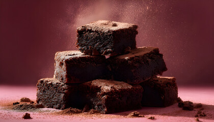 Stack of Chocolate Brownies Sprinkled with Cocoa Powder Food Photography