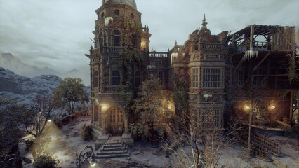 grand ornate facade glowing with warm lights against cool sky, multiple turrets and balconies frame courtyard littered with leaves, textured stone and soft lamp © icetray
