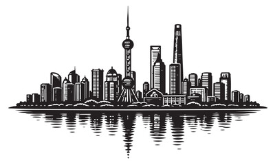 Shanghai Skyline Silhouette with Scenery, Silhouette Vector, Isolated on White Background