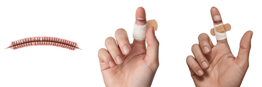 Medical Finger Bandage and Surgical Staples Set - First Aid for Hand Injuries Isolated on White Background