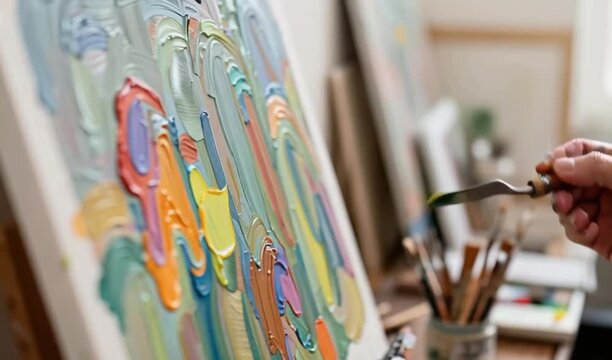 A painterly palette spills vivid paint across a studio table; brushes rest nearby with paint-splattered bristles, sunlight from a window warms the scene, evoking creativity, focus, 4K and HD