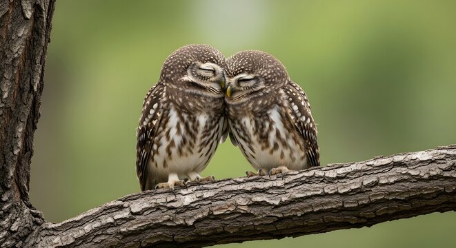 Two spotted owlets perched on a tree branch in natural habitat