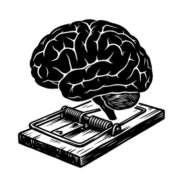 Brain in a Trap: Conceptual black and white icon showing a human brain caught in a steel trap, representing neurological addiction and the reward system loop