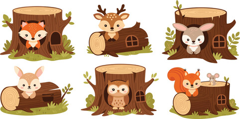 Fototapeta premium Cute Woodland Animals Living in Tree Stump Houses Cartoon Vector Set with Fox, Deer, Bunny, Owl and Squirrel Forest Illustration