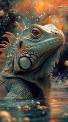 Obraz premium An iguana in a surreal, dreamlike setting, creating a fantastical and imaginative visual experience.