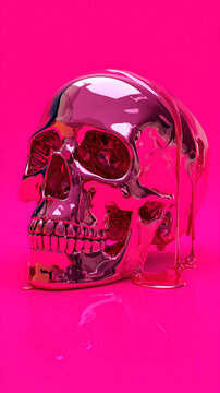 A shiny, metallic skull melting against a bright pink background, blending futuristic and surreal art styles.