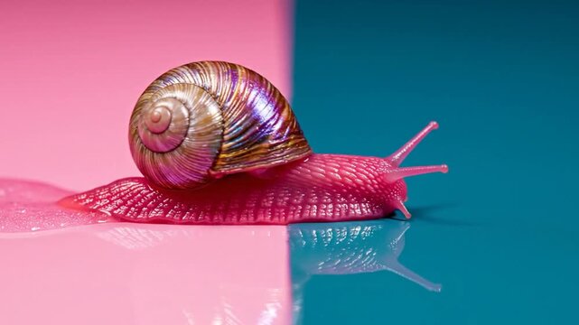 Close-up of a pink snail with iridescent shell crawling on a split pink and blue surface.