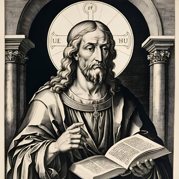 BRATISLAVA, SLOVAKIA - DECEMBER 29, 2012: Lithography of Vision of St. John the Evangelist by Albert Durer. Book " Durer als Fuhrer" published by Josef Muller, Munchen, Garmany 1928.