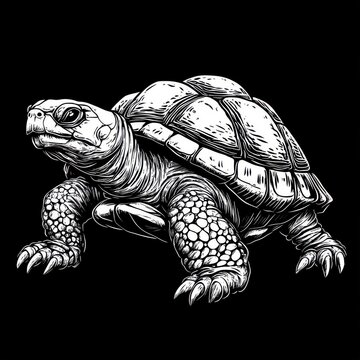 A turtle illustrated with a textured pattern, emphasizing the detailed surface of its shell.