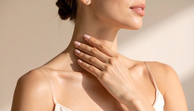 Elegant Woman s Delicate Touch Neck and Shoulders Embracing Gentle Skincare and Serene Self Care Radiating Natural Beauty and Wellness