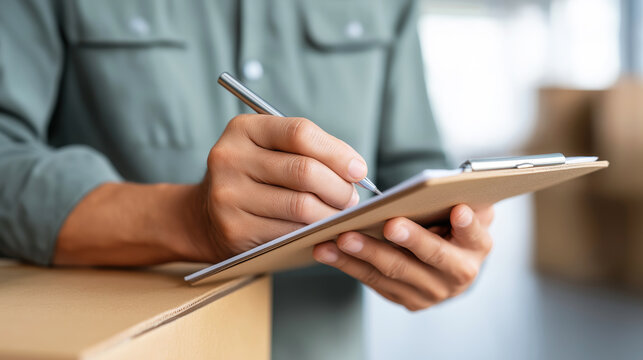 Hands writing on a clipboard with a pen, standing near cardboard boxes, representing delivery, moving, or logistics