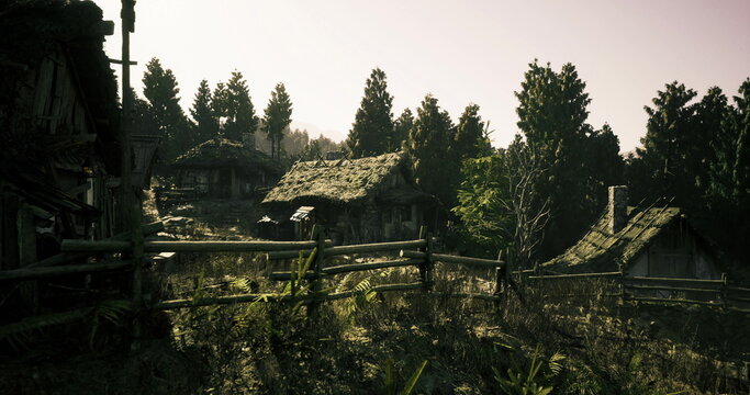 sunlit meadow by village houses during golden hour, wooden fence in foreground, tall grasses glowing, pine trees lining horizon, thatched roofs peeking