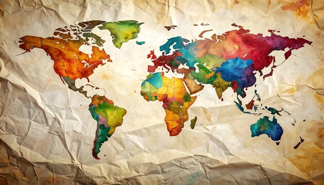 Watercolor World Map Art on Crumpled Paper Texture for Global Awareness and Education.