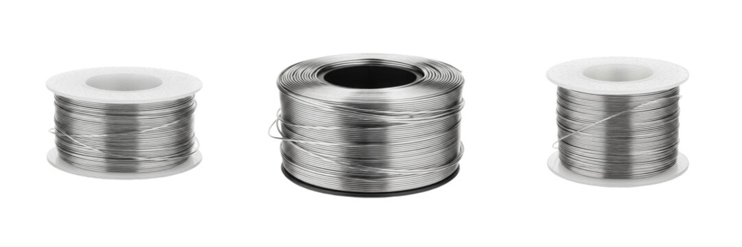 Set of Steel Wire Spools - Industrial Metal Wire Rolls Isolated on White Background