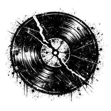 Black vinyl record with crack and grunge effect on white background, broken disc with scratches and paint splatters