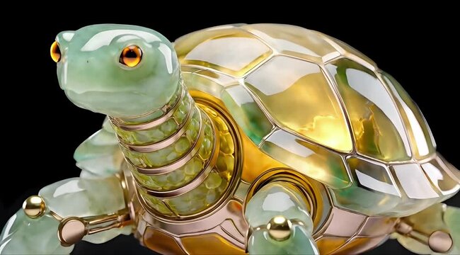 AI Data Security Totem: Mechanical Turtle in Imperial Jade and White Porcelain Armor, Professional 3D Sculpture, Isolated on Black, 4K VFX Asset