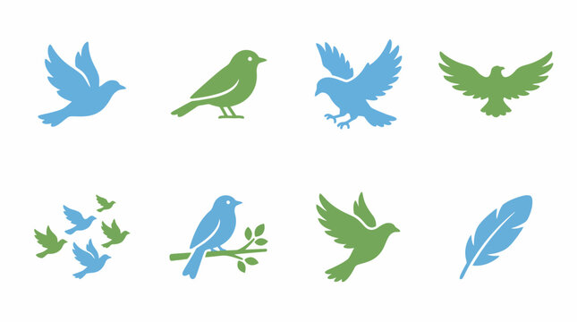 Collection of elegant blue and green bird icons representing flight freedom and nature's delicate beauty