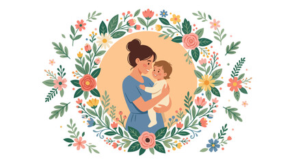 Obraz premium Illustration of a loving mother embracing her baby, encircled by a beautiful and vibrant floral wreath on a white background.